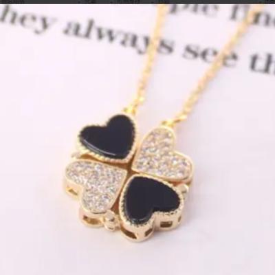 China Hot Europe and America Heart Shaped Open Folded with Diamonds Four Leaf Clover 24K Black and White Gold Plated Cable Chain Pendant Necklace Women for sale