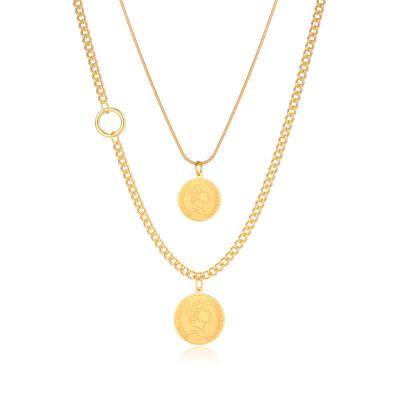 China And fashionable Europe and America multi-layer coin choker stainless steel gold plated queen head necklace pendant necklace for sale