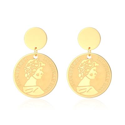 China Fashion Vintage Stainless Steel CLASSIC Gold Plated Round Queen Head Earrings Party Jewelry For Men And Women for sale