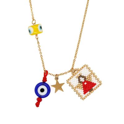 China Go2boho Glazed Disc Eye Bead Angel Square Gold Stainless Steel Necklace with BOHEMIA Handmade Evil Eye Charm for sale