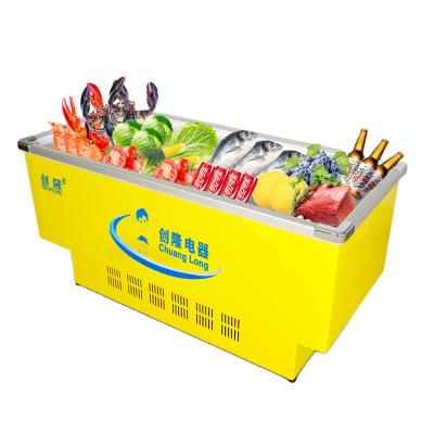 China Economic Yellow Color Refrigerator Hotel 1.4m Sliding Door Seafood Island Direct Cooling Freezer for sale