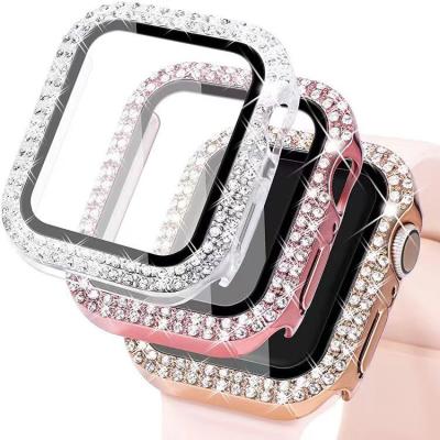 China Luxury Bling Diamond Glass Screen Protector Smart Watch Case For Apple Watch Bumper Cover For iWatch Series 6 Se 5 4 3 Case for sale