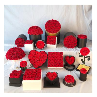 China Recyclable Custom Hat Shape Luxury Preserved Gift Roses Round Lot Logo Flower Box 5 Pcs Black White Custom Package for sale