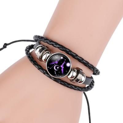 China Neo-gothic black braid cowhide weave12 handmade horoscope bracelet constellations genuine leather luminous adjustable leather brac for sale