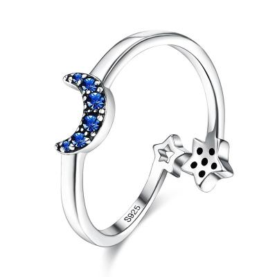 China TRENDY 925 Sterling Silver Starry Sky Open Ring Darkle Blue Moon with Cute 5A CZ Star Fashion Engagement Ring for Woman Girl for sale