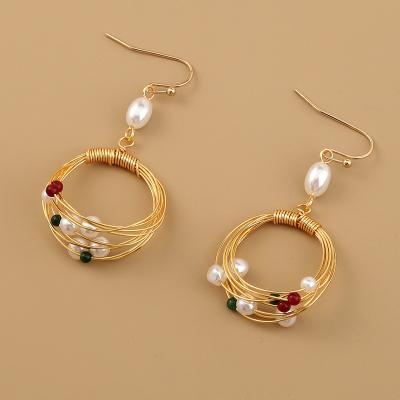 China FASHIONABLE ; BOHEMIAN ; Fashion Statement Korean Hot Selling Handmade Earrings Gold Plated Circle Earrings Bead Natural Stone Dangle Earrings Jewelry for sale