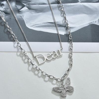 China FASHIONABLE high quality stainless steel necklace set letter embossing dear butterfly large pendant multilayer necklace for sale