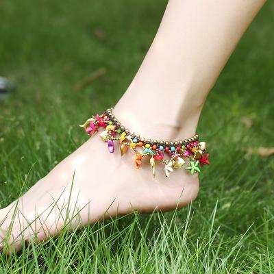 China Bell Bohemian Starfish Border Beach BOHEMIA Ornament Copper Coins Hand Knitted Anklets Women for sale