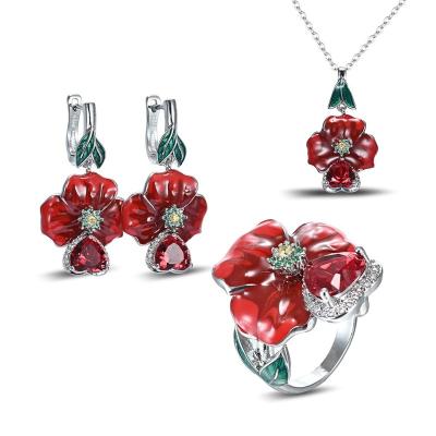 China Exaggerated Ethnic Hot Sale Rose Earrings Red Zircon Drop Enamel Ring Love Necklace Pendant Set for sale