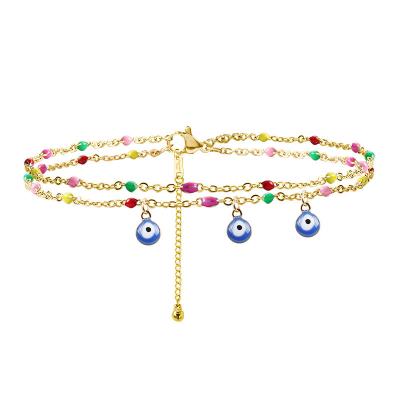 China Trendy Wholesale Colorful Blue Eyes Beads Colorful Blue Eyes Charm Double Row Stainless Steel Stainless Steel Anklet Chain Pendant Waterproof Jewelry for sale