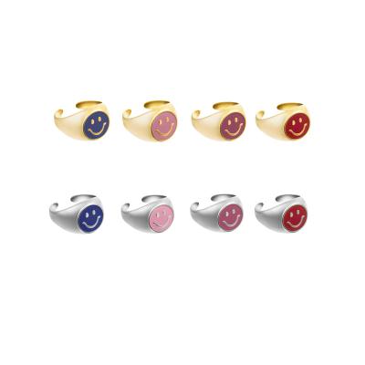 China New Fashion Jewelry Colorful Enamel Chunky Open Face Ring Stainless Steel Gold Chunky Couple with Smile Rings as Gift for Friends for sale