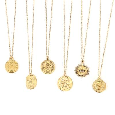 China New CLASSIC Fashionable Stainless Steel Necklace 18K Gold Plated Real Eye Coin Shape Drop Pendant Necklace For Women Gift for sale