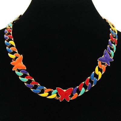 China Wholesale Hiphop For Amazon Style Necklace And Bracelet Set Rainbow Enamel Butterfly Handmade Colorful Hip Hop Jewelry For Couples for sale