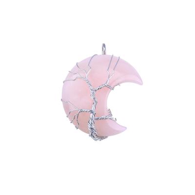 China Wholesale Natural Healing Moon Drop Life Rose Quartz Crystal Tree Of Gemstone Necklace High Quality Pendants For Jewelry Gifts for sale