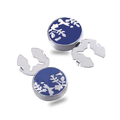 China New Blue Tree Vine Brass Enamel Silver Button Cover For Tuxedo Business Formal Shirts 17.5MM One Pair for sale