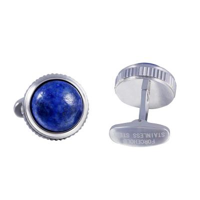 China Stainless Steel Navy Lapis Lazuli Natural Gemstone High Lathe Crenellated Edge Stainless Steel Plating 316L Cufflinks for sale