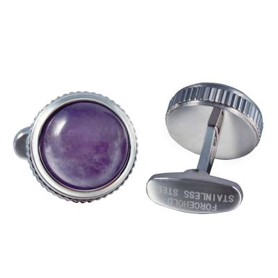 China Stainless Steel Purple Gemstone High Lathe Serrated Edge 316L Stainless Steel Plating Cufflinks For Unisex for sale