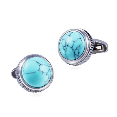 China Stainless Steel Turquoise Blue Stone High Tower Crenellated Edge 316L Stainless Steel Plating Cufflinks For Men for sale