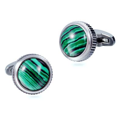 China Stainless Steel Malachite Gemstone High Lathe Serrated Edge 316L Stainless Steel Plating Cufflinks For Men for sale