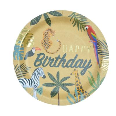 China Party Kids Jungle Kraft Paper Disposable Plate Natural Brown Foiling Gold Thin Layer for sale