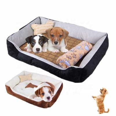 China Washable Pet Sofa Dog Soft Bed Pet Kennel Nest House Heating Bed With Rattan Mat+Blanket+Bone Toy for sale