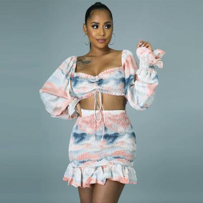 China Hot Selling Pink Anti-Static Printing Long Sleeve Crop Full And Mini Skirt Ladies Two Piece Sets Women's Dresses for sale