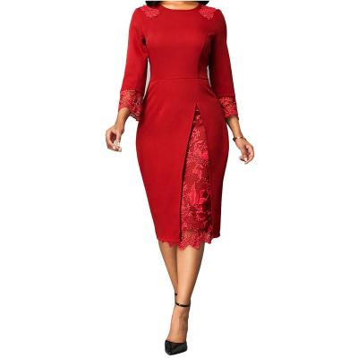 China O Neck Petal Sleeve Red Patchwork Viable Lace Patchwork Big Size Slim Lady Career Casual Womens Dresses for sale