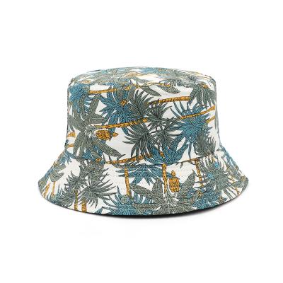 China New Cotton Summer Beach Comfortable Style Fashion Adult Palm Tree Printing Custom Logo Folding Bucket Hat Fishing Hat for sale