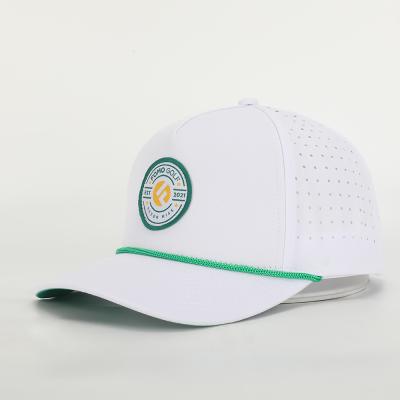 China OEM JOINT Custom High Quality Women Men White Laser Cut Perforated Hole Dad Hat, 5 Panel Curved Brim Woven Patch Logo Rope Baseball Cap for sale