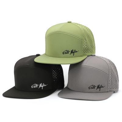 China OEM Embroidery Melin Luxury 7 Panel Custom High Quality Snapback Hat Adult Bill Snap Back Hat With Flat Laser Cut Holes for sale