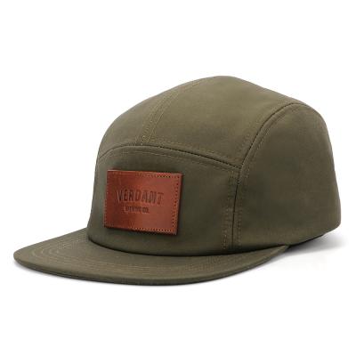 China New JOINT Outdoor Activities Leather Patch Buckle 5 Panel Hat Woven To Mark Adjustable Adult Cotton Flat Camp Hats for sale