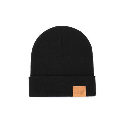 China Black Warm Beanie Cap Hat Knitted Acrylic Slapped,Leather Label Logo Custom High Quality Men's Winter Plain Beanies JOINT for sale