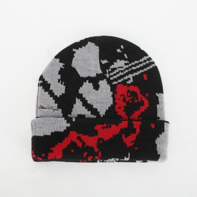 China Wholesale OEM COMMON Logo Men Women High Quality custom made all over print skull cap acrylic skull slapped jacquard Winter Slouchy Hat for sale