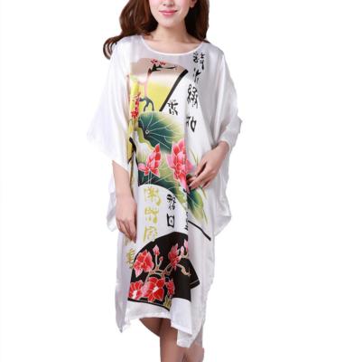 China QUICK DRY Chinese Style White Women's Kimono Long Robe Sleepwear Nightgown Loose Nightgown Bathrobe Nightgown for sale