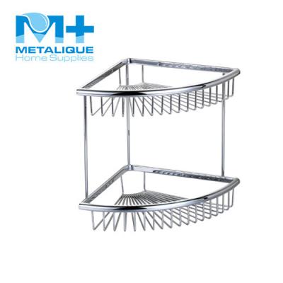 China Bathroom Fixtures OEM/ODM Ningbo Yinzhou Factory Rust Protection Brass Or Chrome Stainless Steel 2 Tier Corner Shower Caddy For Hotel Bathroom for sale