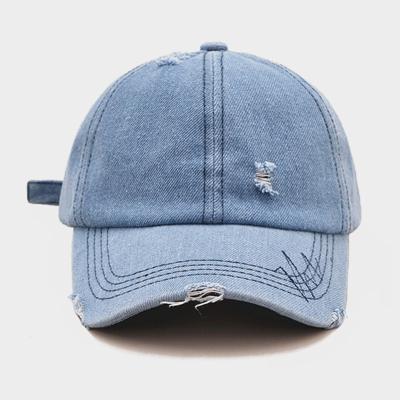 China Custom Distressed/Ripped Empty Blue New Dad Baseball Cap Denim Style Design COMMON COMMON High Quality Unstructured Hat for sale