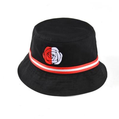 China Custom Fashion Rose Embroidered Women Black Bucket Hat Bucket Hat With Embroidery for sale