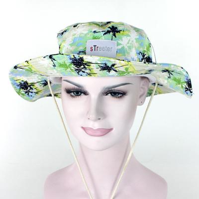 China Fashion Digital Printed 100% Cotton Hawaiian Fluorescent Green Women's Fashion Print Summer Sun Bucket Hat With String for sale