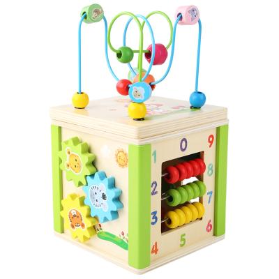 China New Design Montessori Baby Plywood Baby Kids Educational Toy Beads Coaster Wooden Activity Cube Toys for sale