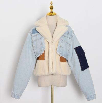 China Breathable Women's Jackets Lapel With Pocket Denim Jacket Winter Fashion Lattice Jacket With Faux Fur Coat for sale