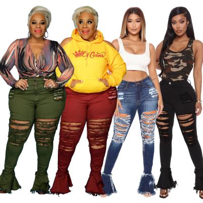 China Viable Wholesale Women S-5XL Plus Size Jeans Designer Distressed Lattice Skinny Pants Bell Bottoms Ripped Jeans for sale