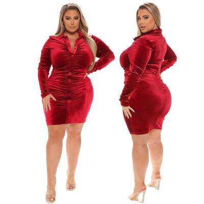 China Plus Size Dress Women Viable Clothing Turn Down Collar Button Cardigan Long Sleeve Bodycon Mini Dress Woman Plicated Red Velvet Dress for sale