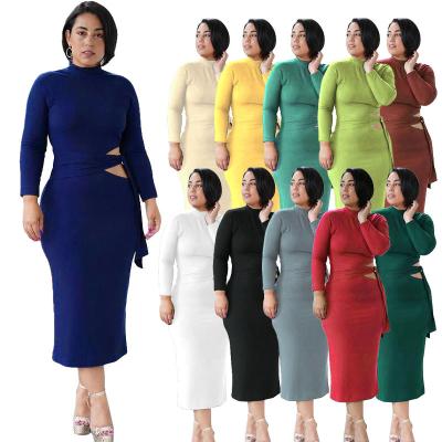 China 2022 Spring Sustainable Plus Size Women's Clothing Long Sleeve Cut Out Midi Wrap Dress With Belt Elegant Office Ladies Business Casual Dress for sale