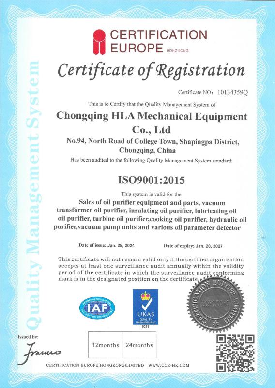 ISO9001:2015 - Chongqing HLA Mechanical Equipment Co., Ltd.