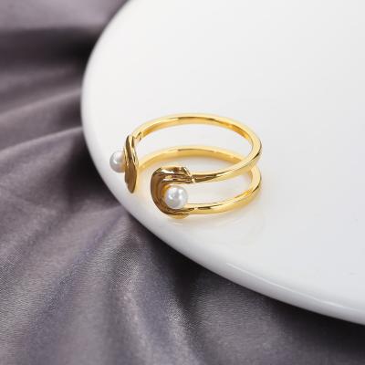 China New Arrival TRENDY Fashion And Exquisite Copper 18k Gold Plated Up-to-date Double Layer Pearl Rings Women for sale