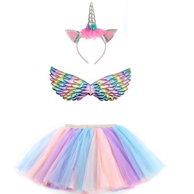 China Dress Up Hot Sale Little Girls Layered Rainbow Tutu Skirts With Unicorn Horn Headband Wing for sale