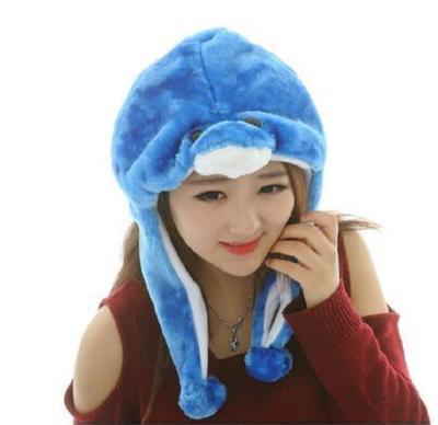 China Promotion JOINT Kids Cosplay Hats Dolphin Soft Plush Cos Winter Hat Aquarium Gift Black Blue Wolf Husky Beanie Hat for sale