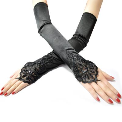 China 48cm Long Plain Satin Over Elbow Black Lace Glove Wedding Bridal Bridal Women Elegant Glove With Finger Loop for sale