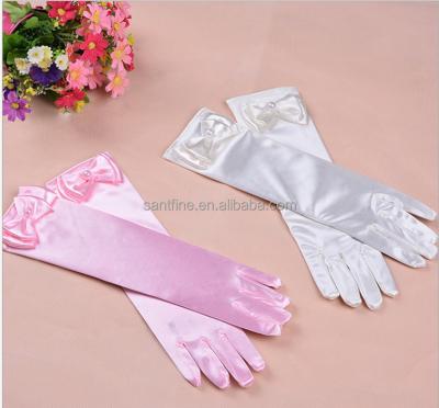 China 30cm Plain White Black Kids Stretch Gloves Cute Girl Kids Long Finger Satin Dress Party Glove With Bow for sale