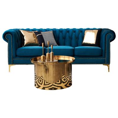 China Sofa Set Living Room Furniture Ornate Button Ornate Blue Velvet Sofa for sale